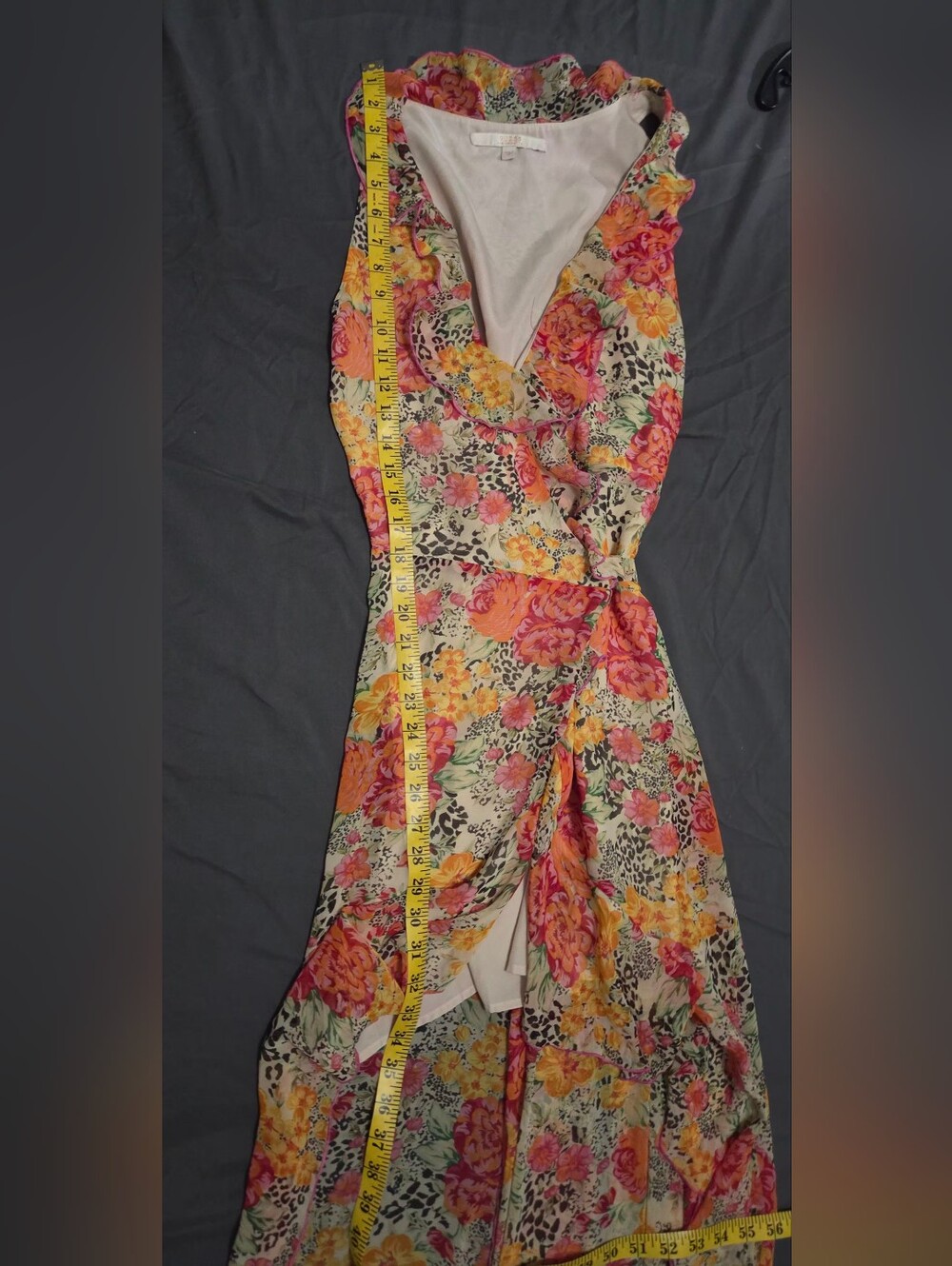 Guess Floral Ruffle High-Low Dress in Pink, Yellow, Cream - Picture 9 of 9